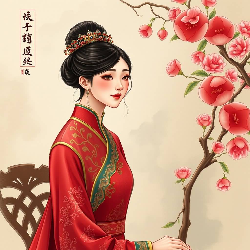 Young Woman In Pomegranate Dress